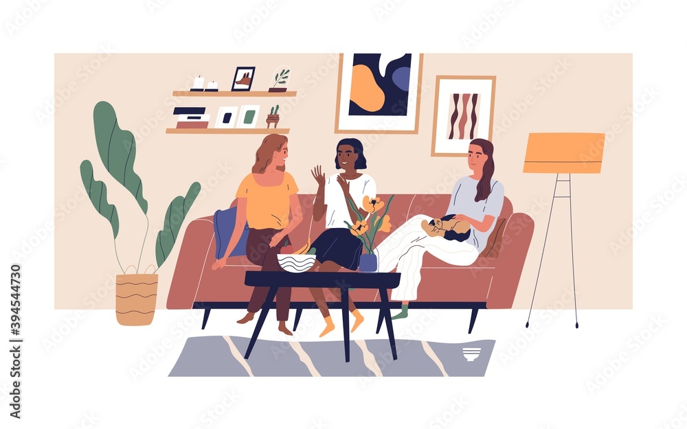 Happy smiling girlfriends sitting on comfy sofa or couch at cosy home. Three diverse multiethnic women chatting in modern scandinavian living room. Female friendship. Flat vector illustration