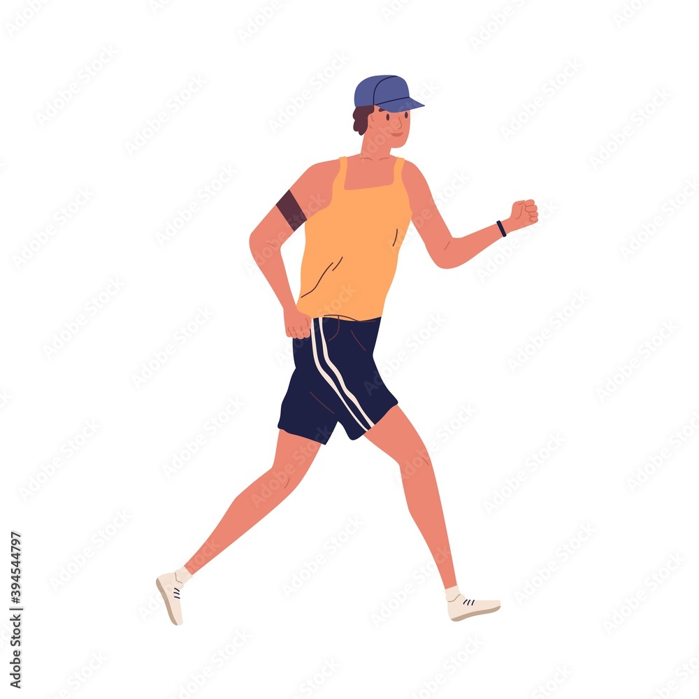 Young guy jogging with armband. Man running in summer sportswear. Sport  activity. Male in shorts and trainers. Cardio workout. Colorful flat vector  illustration isolated on white background Stock Vector | Adobe Stock