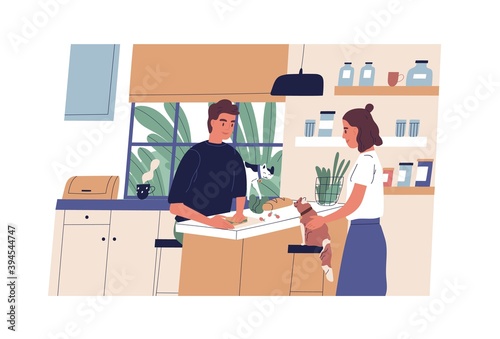 Everyday routine of young couple. Household of husband and wife. Cute family and cats at kitchen, daily home scene. Guy cooking food for breakfast or lunch. Flat vector illustration