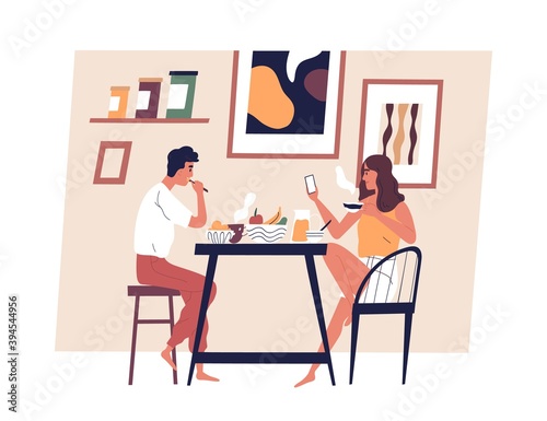 Happy young couple eating meal together in Scandinavian interior. Man and woman taking lunch at dining table. People enjoying breakfast at home. Everyday routine. Flat vector illustration