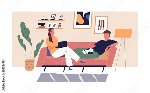 Young happy couple relaxing on comfy sofa in living room. Spending time together in apartment. Woman with laptop and man with cat on his knees. People sitting on couch. Flat vector illustration
