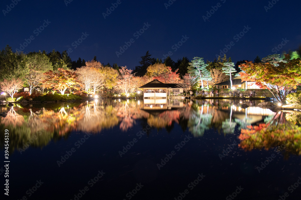 黄昏と日本庭園のライトアップ