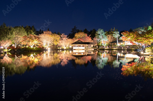黄昏と日本庭園のライトアップ © NIKD
