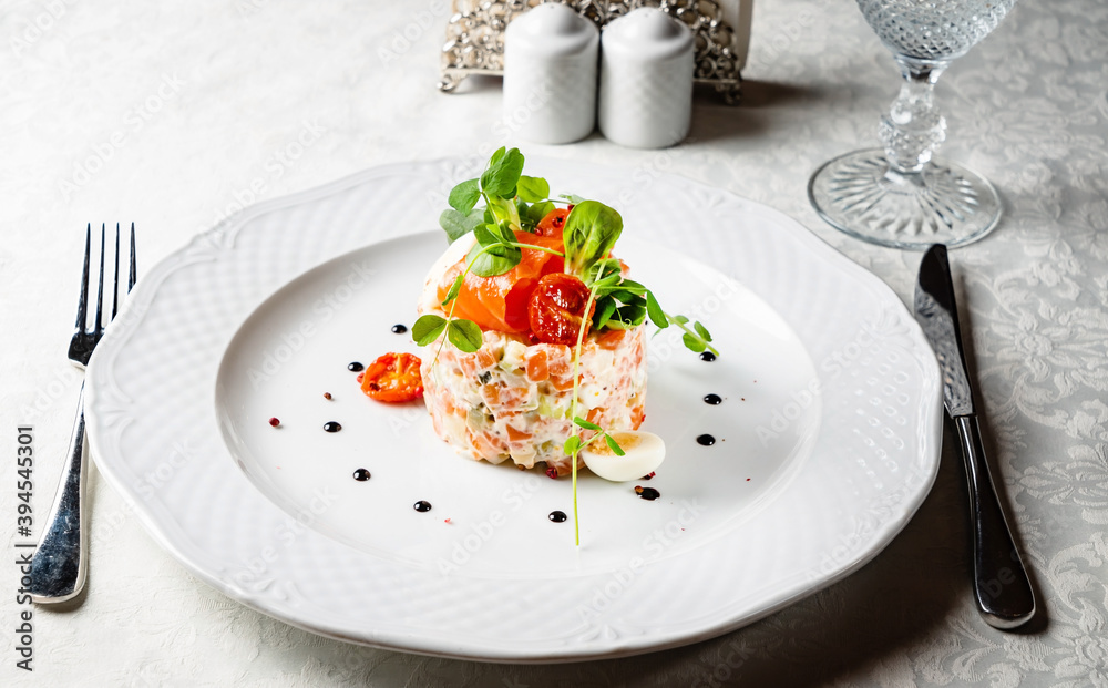 Olivier Potato Salad on white plate Olivier Potato Salad on white plate