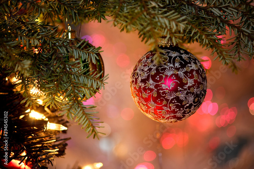 Indoor Christmas tree Decoration with pink bokeh background