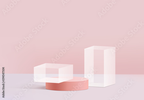 Background cylinder glass minimal scene with light vector glass platform. Background vector 3d render podium. stand to show valentine product. Stage floor pedestal 3d studio pink love valentine vector