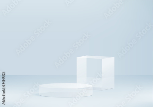 Cylinder minimal scene with glass geometric platform. Background vector 3d rendering crystal glass podium platform. stand cosmetic products. Stage showcase on pedestal glass 3d studio blue platform