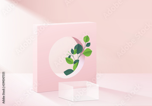 Background cylinder glass minimal scene with leaf vector glass platform. Background vector 3d render podium. stand to show valentine product. Stage floor pedestal 3d studio pink love valentine vector