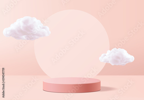 Valentine background vector 3d pink rendering with podium and cloud white scene, cloud 3d minimal background 3d rendering valentine love pink pastel podium. Stage pink on cloud render background © M.AKA