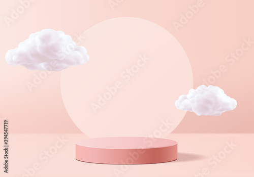 Valentine background vector 3d pink rendering with podium and cloud white scene, cloud 3d minimal background 3d rendering valentine love pink pastel podium. Stage pink on cloud render background