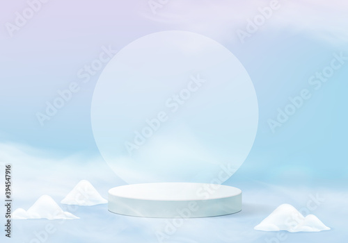 Falling christmas shining snow minimal scene with geometric platform. winter holidays ice snow background vector 3d rendering with podium. stand to show products. Stage Showcase on 3d blue pastel