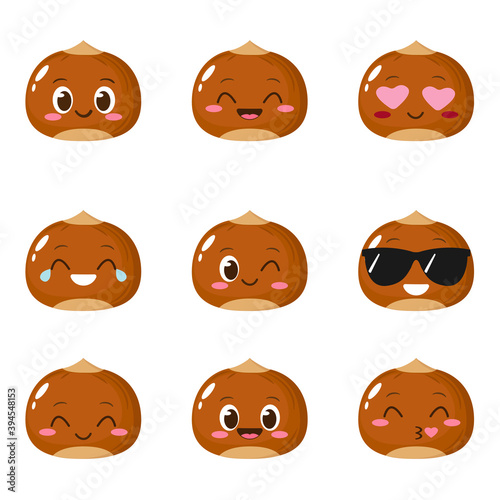 Cute happy brown almond character set
