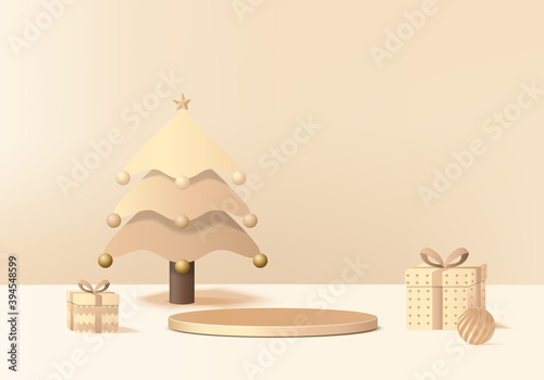 New Years minimal rendered stand 3d with gold tree and podium product. Christmas tree background vector 3d rendering with gold podium. stand to show product. Stand product showcase on christmas gold