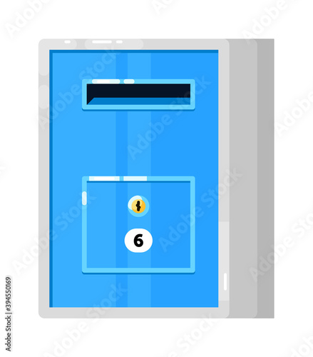 Metal mailbox with apartment address on white background