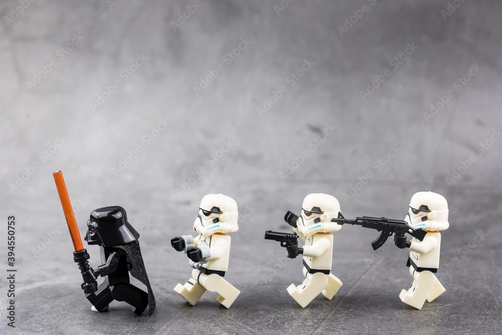 Naklejka premium Bangkok, Thailand - November, 18, 2020 : Lego Star Wars Storm Troopers were arrested for violating military rules at Bangkok, Thailand
