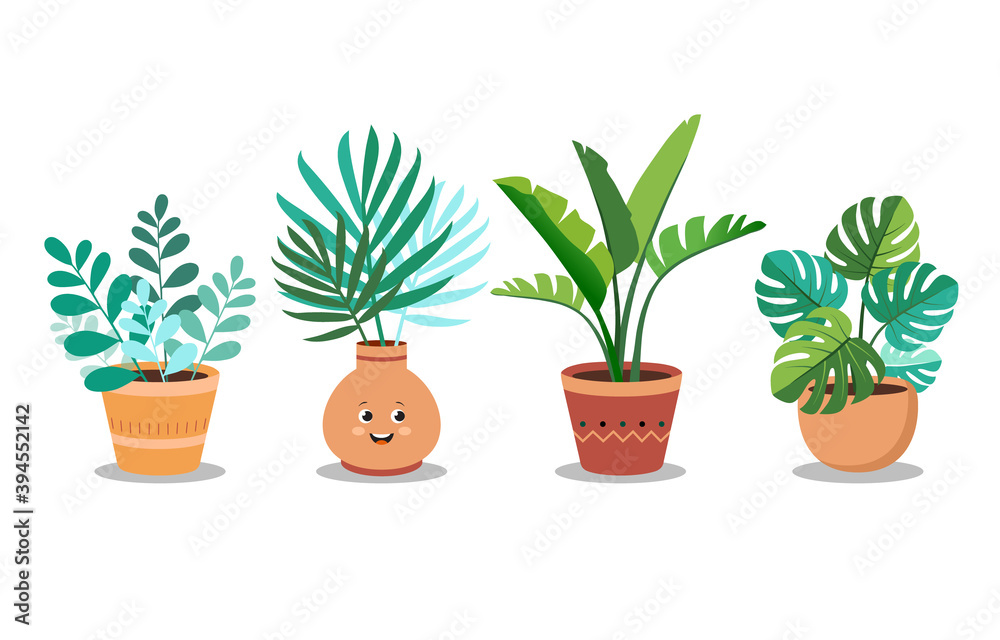Indoor landscape garden potted plants isolated on white. Vector set of house indoor green plants in cartoon style. Green natural decor for home and interior. Cute trendy houseplants in pots and vases