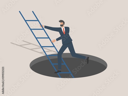 Successful businessmen escape out of the dark cave using a ladder, successful businessmen out of adversity.