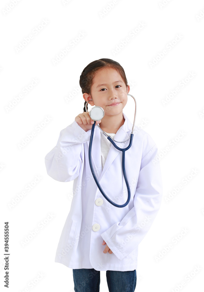 Portrait asian little child girl with stethoscope while wearing doctor's uniform isolated on white background Portrait asian little child girl with stethoscope while wearing doctor's uniform isolated on white background