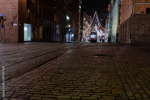 Helsinki, Finland November 22, 2020 Aleksanterinkatu street is decorated for Christmas. Photo at night. Long exposure.