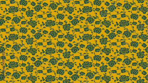 An Illustration of a Pattern Drawing of Green Foliage Ornament on Fortuna Gold Color Background