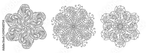 Coloring book set. Boho mandala decorative and plant elements. Monochrome Hand-drawn Ornate curls and floral pattern .