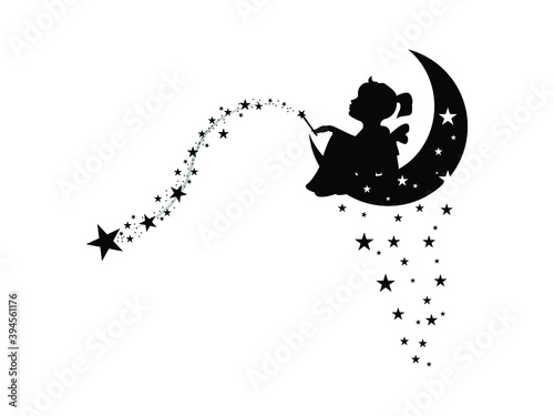 fairy Icon Vector illustration. Cute Fairy With Winds And stars symbol. cartoon Magical fairies night, emblem isolated on white background, Flat style for graphic and web design, tattoo, silhouette.