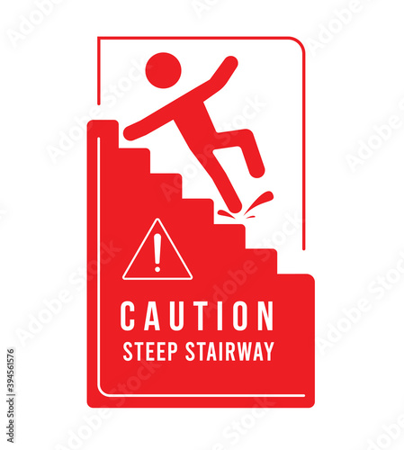 Danger sign, Caution sign of steep stairway on a white background, Global color for easy color change