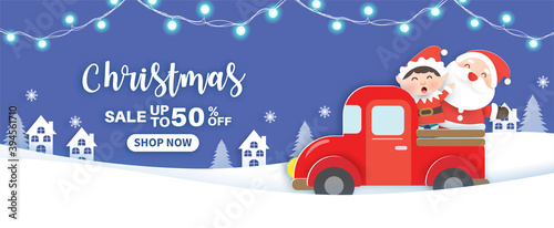 Christmas sale banner with a cute Santa clasue and friends in paper cut style.
