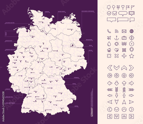 Detailed map of Germany with administrative divisions on a dark background, big cities of the country and icons set, vector illustration