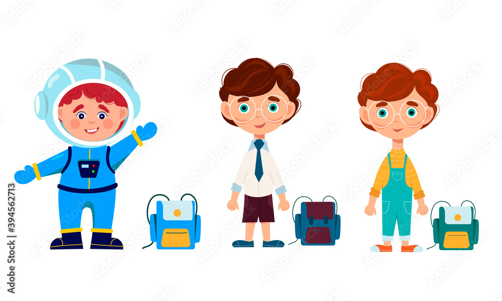 The child is a schoolboy and the child is an astronaut. Children with backpacks. Vector illustration. The child is a schoolboy and the child is an astronaut. Children with backpacks. Vector illustration.