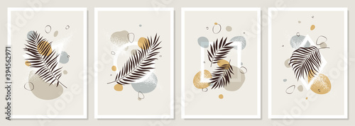 Set of pastel compositions of tropical leaves, liquid abstract shapes and geometric figures, trendy contemporary collage style, exotic  jungle poster