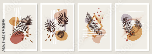 Collection of compositions with geometric shapes and exotic tropical leaves in pastel colors, trendy minimalistic vector posters, for wall decoration and cover design