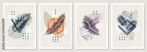 Collection of vector posters with impossible figure geometric shapes, tropical leaves and plants, Abstract summer contemporary banners, wall art, cover design templates, social media stories