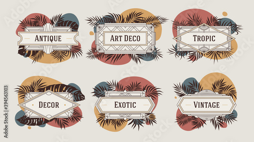 Decorative geometric borders and frames, with abstract shapes in terracotta color and tropical leaves, vintage art deco style, vector template