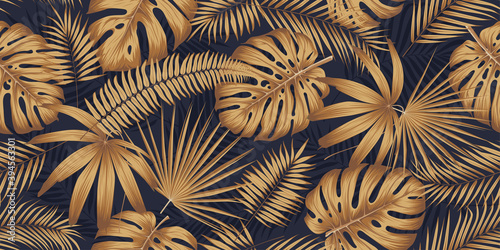 Seamless pattern with golden leaves monsters and tropical plants on a dark background, Exotic botany design collage style, luxury vector template
