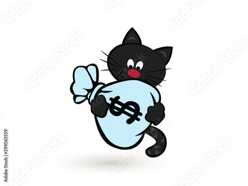 cartoon cat with money Icon Vector illustration. american dollars in paws sitting smiling Logo symbol. Home pet veterinary clinic store Logo type concept . Flat style for graphic and web design. EPS10