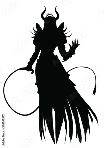 A graceful, sexy demoness with a whip, she has symmetrical horns and spiked armor. 2D illustration.
