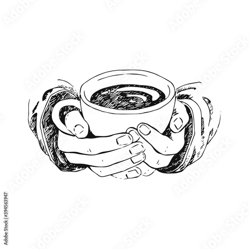 Hand drawn sketch of hands holding a cup of coffee, tea etc. Vector illustration isolated on white background. Realistic drawing of beautiful hand holding a mug with a hot beverage