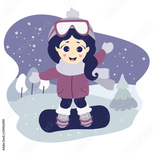 Winter sport. Cute pretty girl is snowboarding and waving. Character on a decorative background with a winter landscape and snow. Vector illustration. Isolated. Childrens collection. Flat design