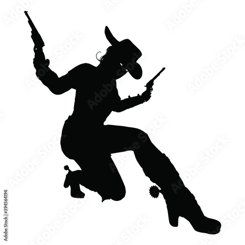 A cowboy girl gracefully poses in half pisid with two revolvers, she is wearing a hat and boots with spikes. 2D illustration.
