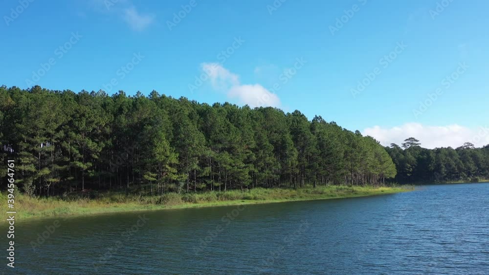 Aerial view of green forest and lakeshore. Green forest, mountain lake summer natural landscape with turquoise lake and pine tree forest. Over beautiful turquoise mountain lakes and green forest Aerial view of green forest and lakeshore. Green forest, mountain lake summer natural landscape with turquoise lake and pine tree forest. Over beautiful turquoise mountain lakes and green forest