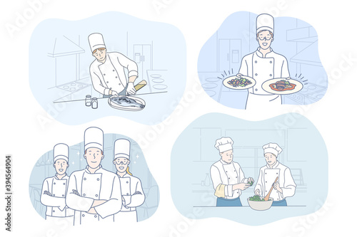 Cooking, chef, restaurant, recipe, food concept. Young positive people men and women professional cooks in aprons cooking various dishes and meals in restaurants. Gourmet, delicious, tasty menu 