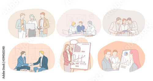 Teamwork, brainstorming, marketing, finance, development, negotiations, agreement concept. Business people office workers discussing projects collaborating making presentations and having deal