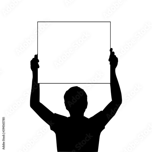 Silhouette men holds banner placard blank white sheet for text space closeup