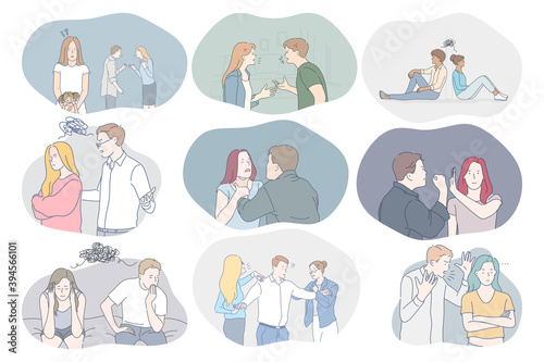 Conflicts in couple, misunderstanding, problems in communication concept. Young couples arguing, fighting, having problems with mutual understanding and quarrelling with each other illustration 