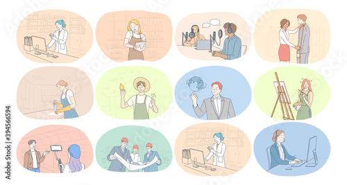 Professions, occupation, work, job, labor, business concept. People scientist waiter journalist tailor cleaner farmer teacher painter artist engineer manager pharmacist manager during work 