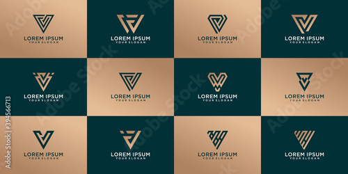 Gold set of creative V letter design for business