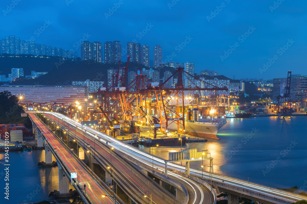 Cargo port and highway in Hong Kong city