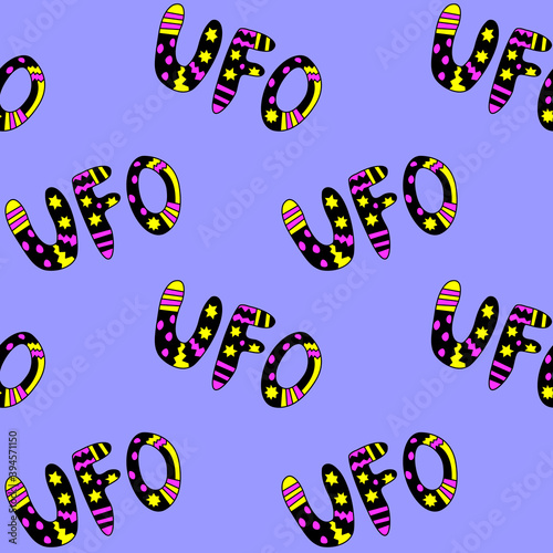 Vector color seamless pattern with the word UFO. Background and texture on the theme of space, UFOlogy, flying saucers, conspiracy