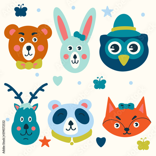 Vector illustration with colorful collection of funny animals, fox, panda, bear, owl, hare, deer with butterflies, star, heart and grugs.